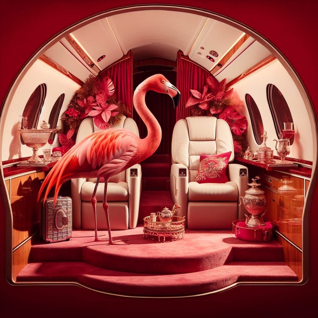 Flamingo in Opulent Attire on Private Jet