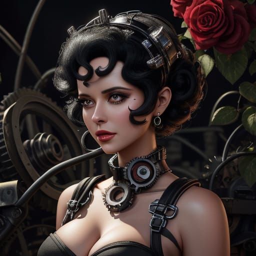 Betty Boop Among Roses and Machine Parts