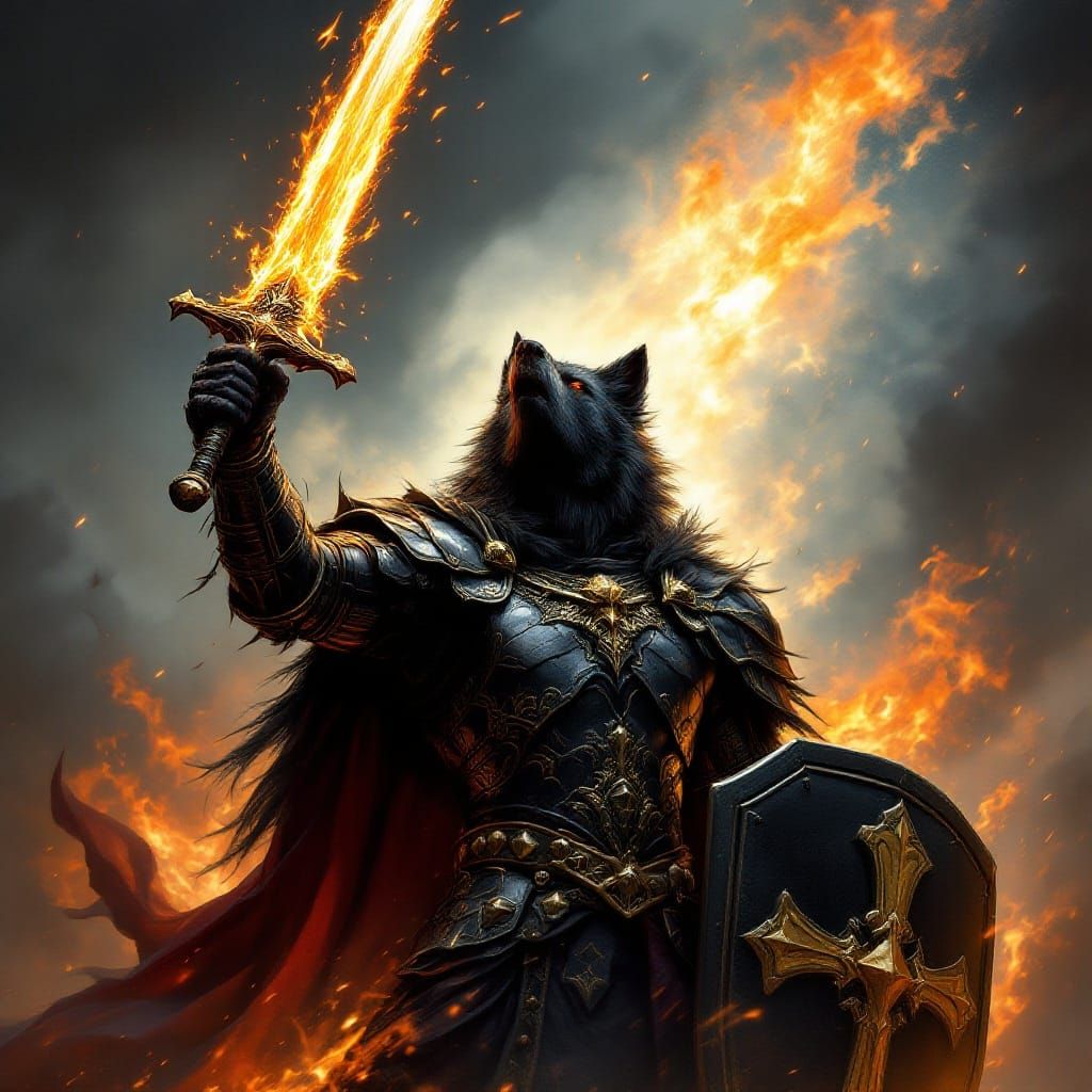 Black Wolf in Golden Armor Charges into Epic Battle