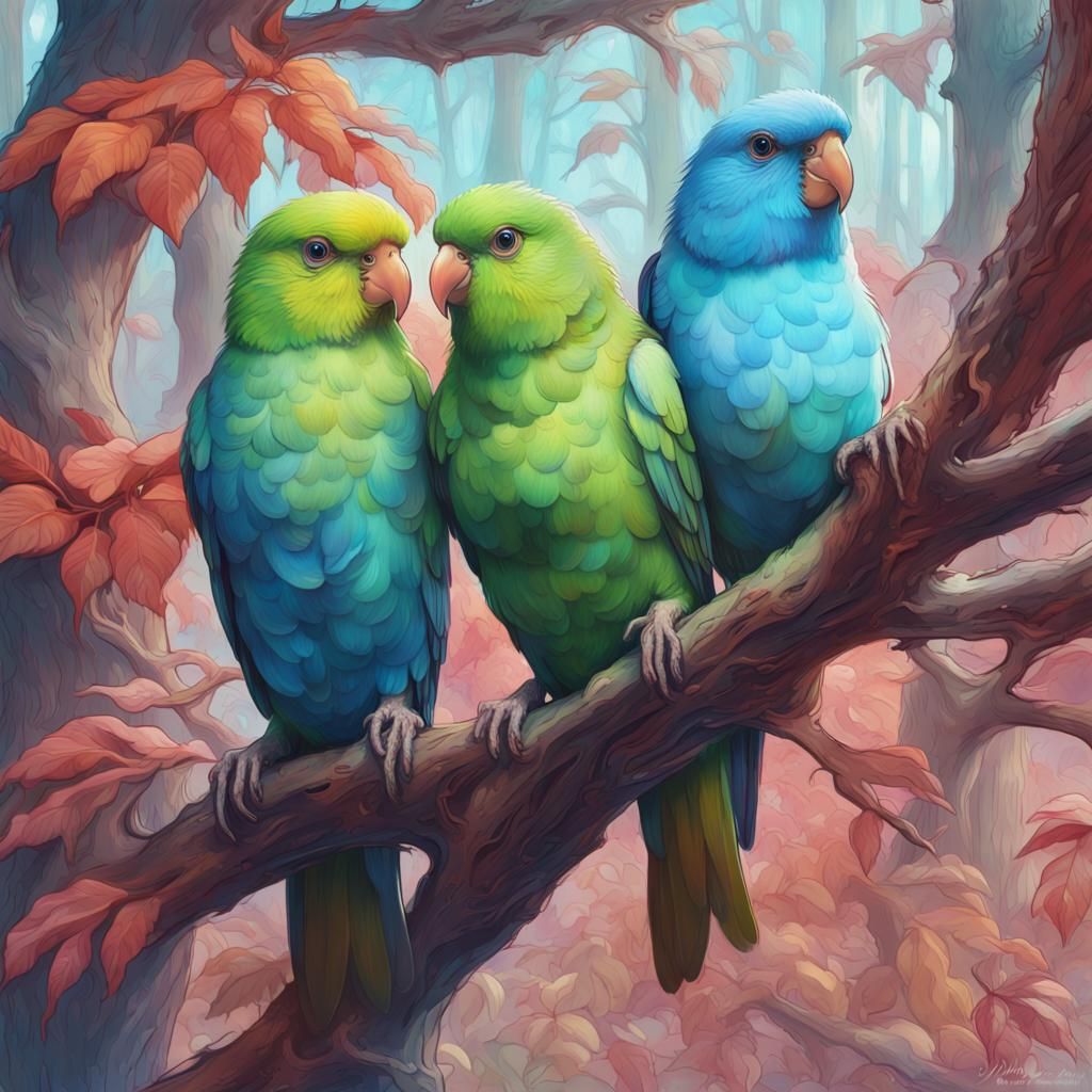 Parrotlets in Forest, Post-Impressionist Portrait