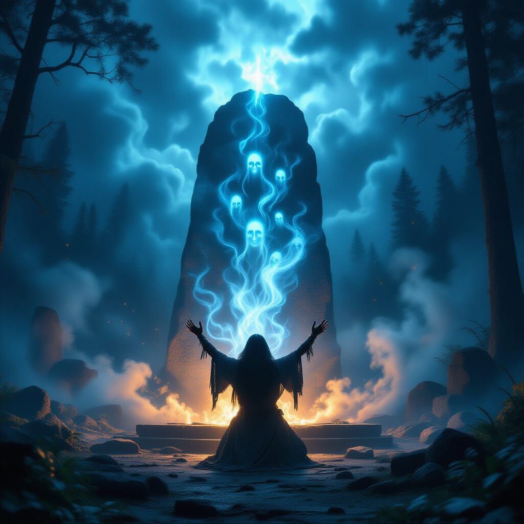 Shaman Summoning Ancestral Spirits Under Twilight Sky