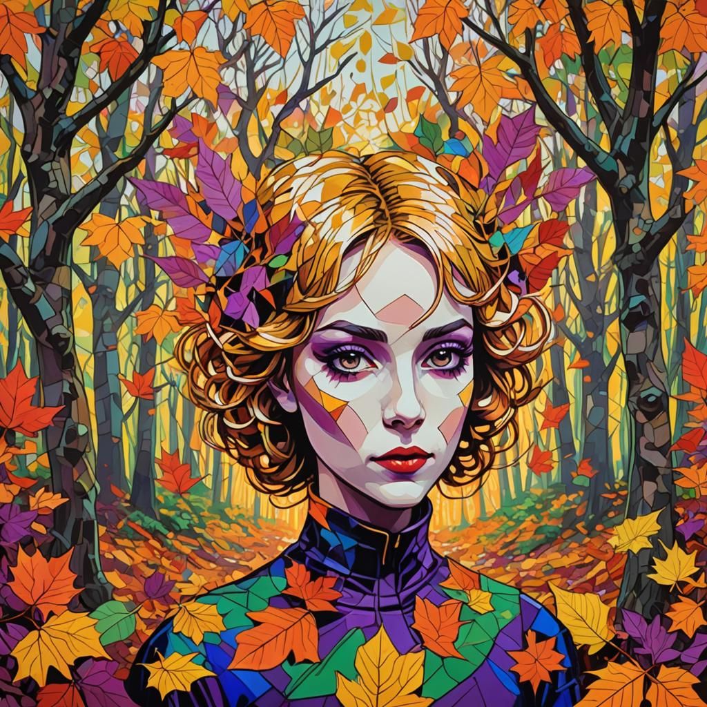 Autumn Fae in Geometric Forest: Pop Art Portrait