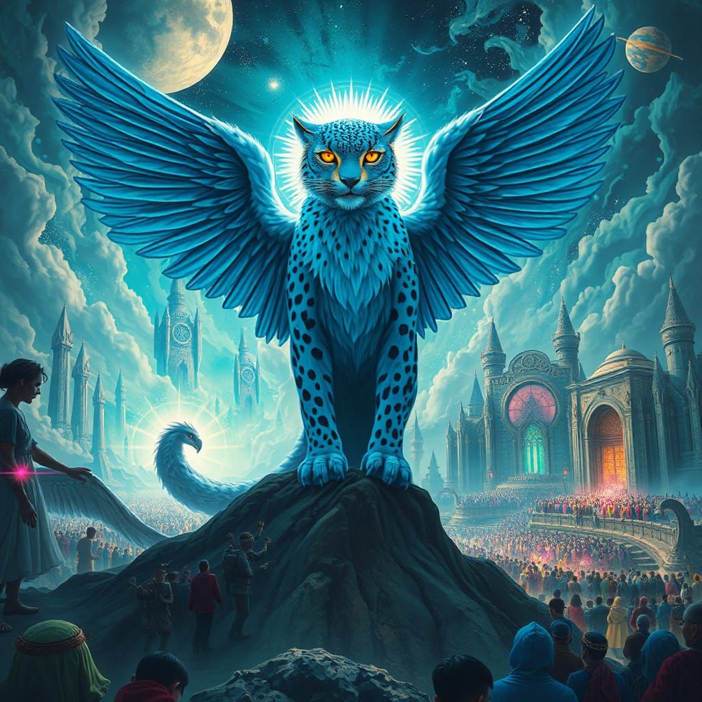 Surreal Blue Leopard King in Cosmic Landscape