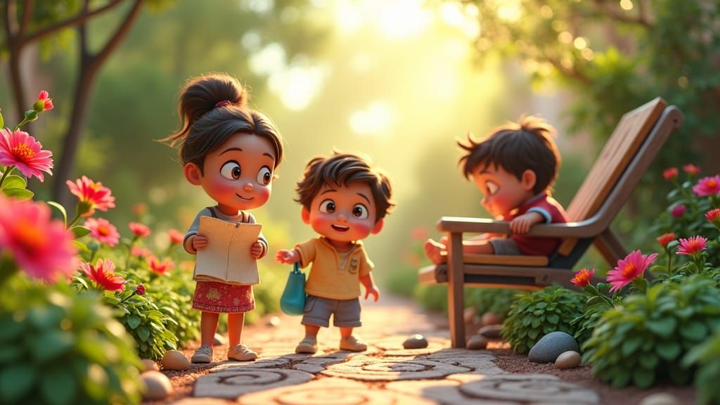 Kids' Treasure Hunt in Sunny Garden, 3D Digital Art