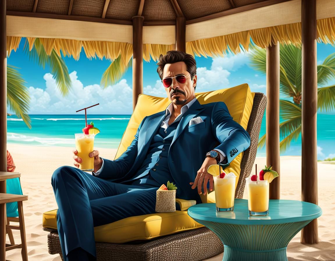 Tony Stark Lounging with Pina Colada: Photorealistic Wide Sh...