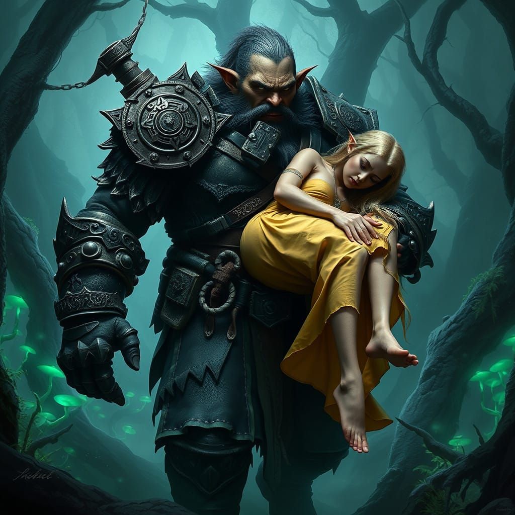 Orc Warrior Strides Through Misty Forest with Unconscious El...
