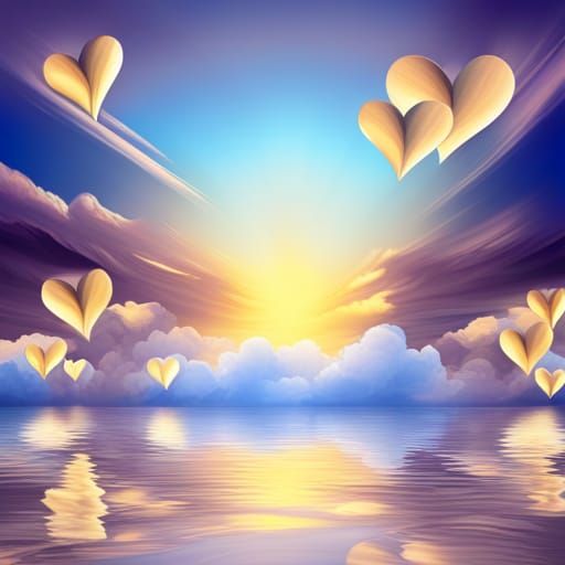 Golden Hearts Floating in a Pop Art Sky