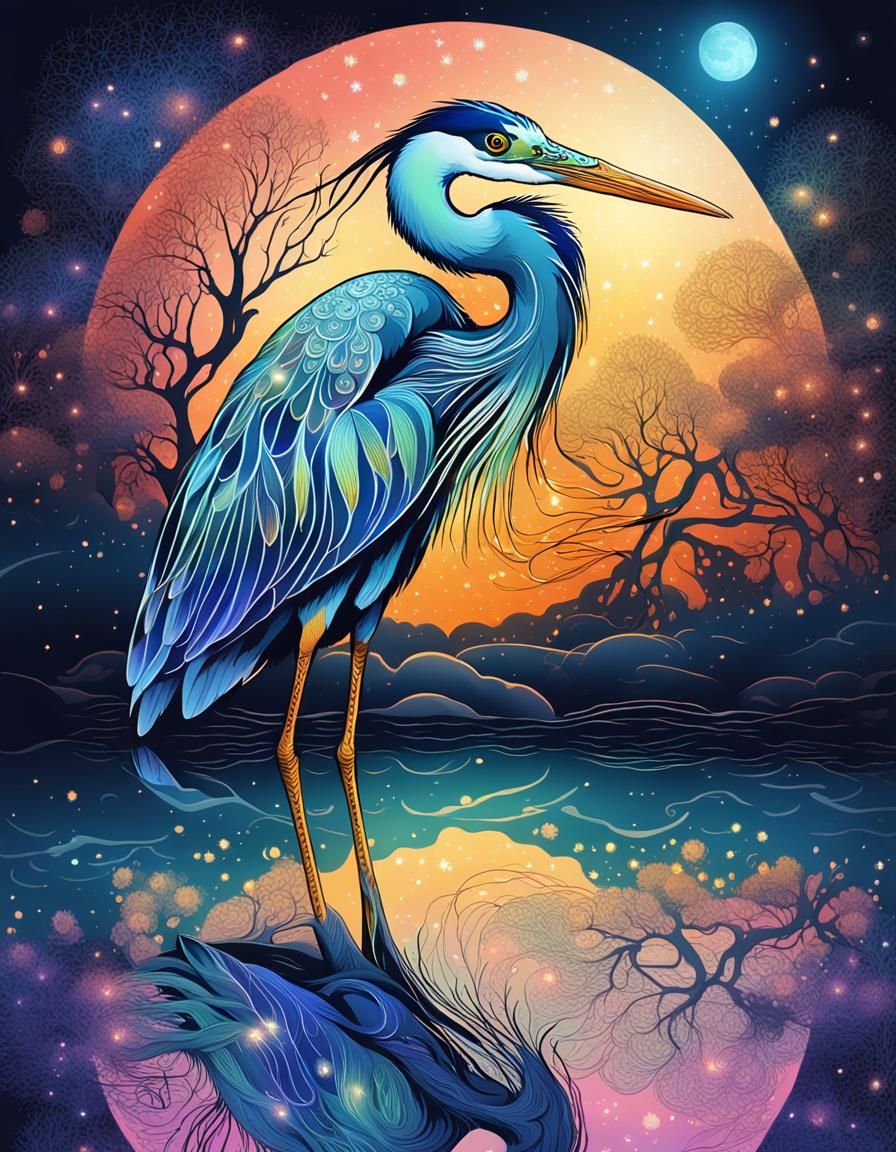 Colorful Heron in Pond with Bioluminescent Glow