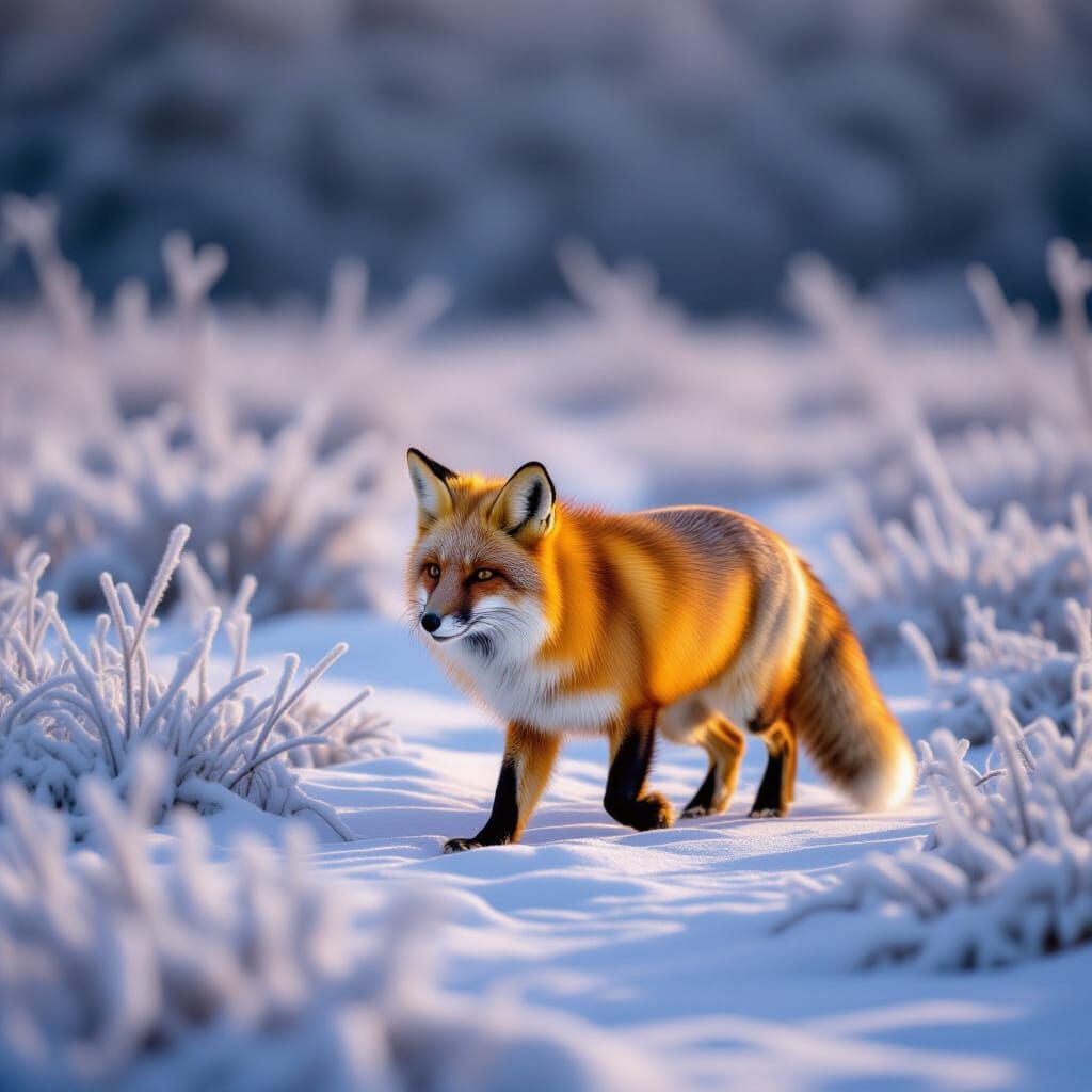 Red Fox Glows in Frosty Meadow Under Winter Sun