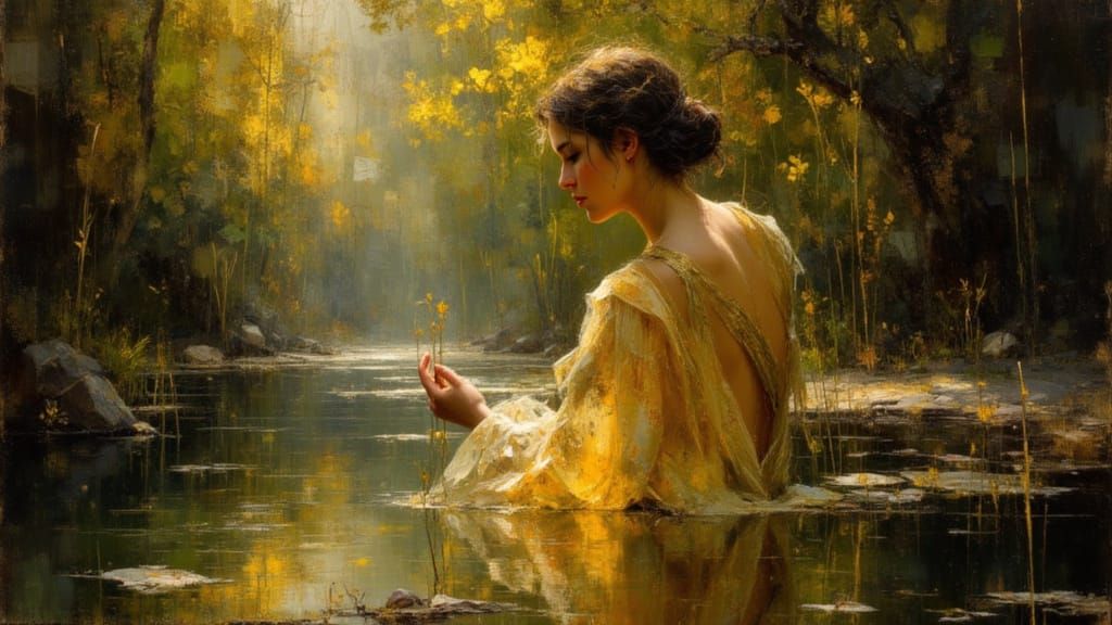 Narcissus Gazes at Reflection in Golden Baroque Style