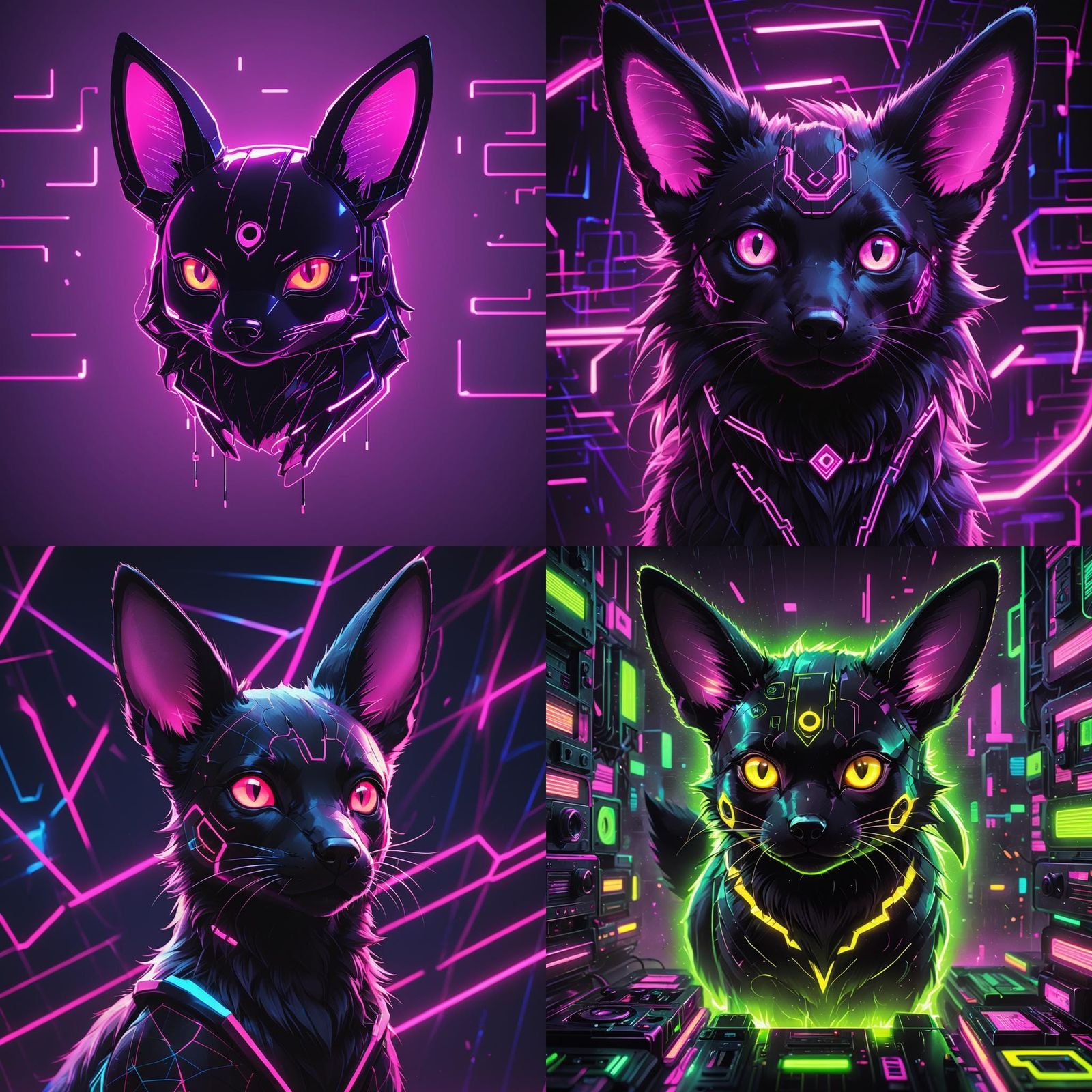 Neon Umbreon Head Outline in Synthwave Style