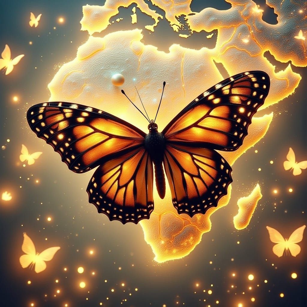 Monarch Butterfly Over South Africa Map with Fairy Lights