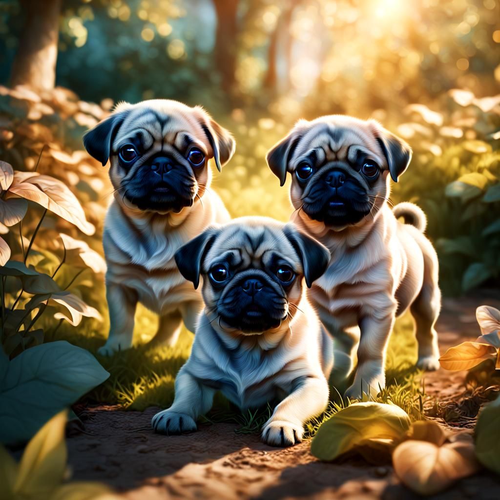 Joyful Pug Puppies Playing in Hyperrealistic Garden Scene