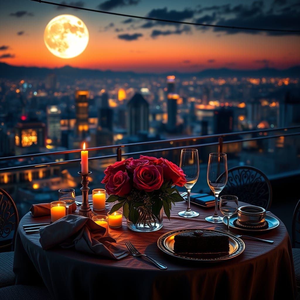 Luxurious Moonlit Rooftop Dinner Scene with City View