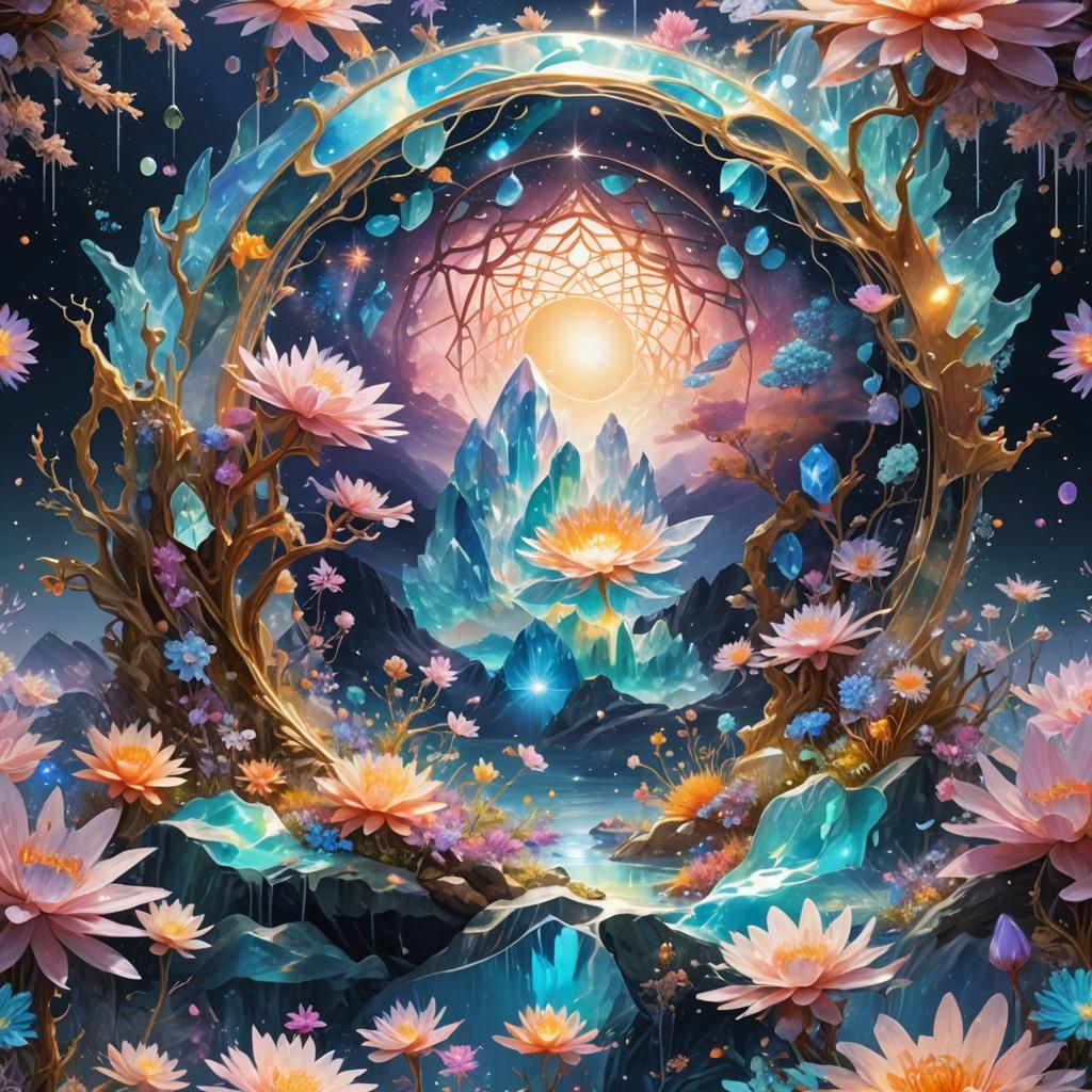 Magical Crystal Landscape with Opal Reflections