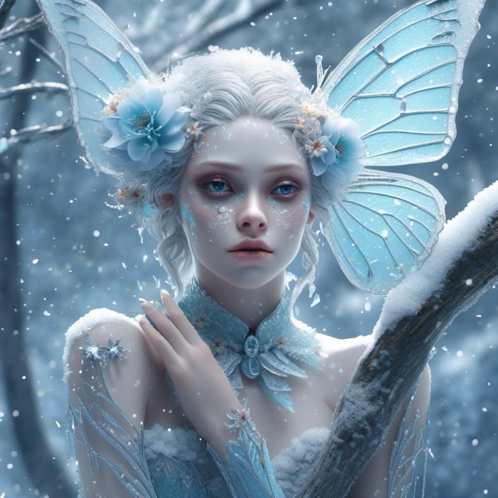 Winter Ice Butterfly Elf on Snowy Branch
