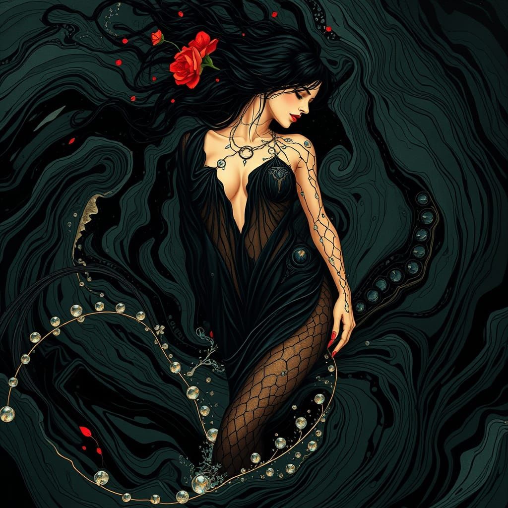 Elegant Figure Amidst Black Rivers: Art Nouveau Style