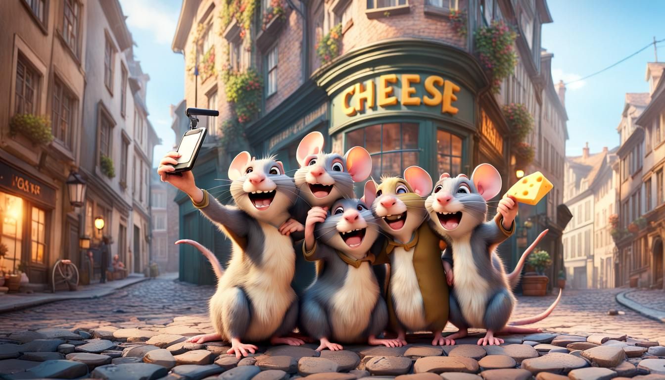 Group of five jubilant cartoon rats