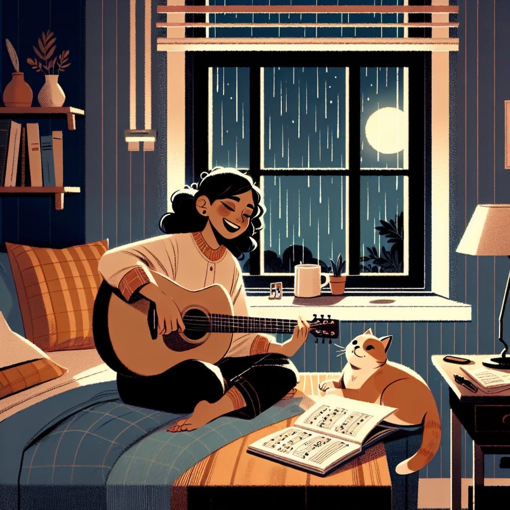 Girl Plays Guitar on Bed in Cozy Room