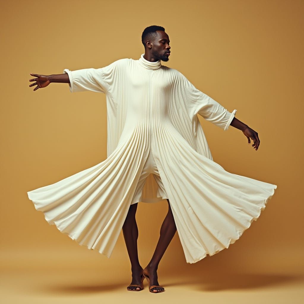 Man Dancing with Elegant Turtleneck and Flowing Pleats in a ...