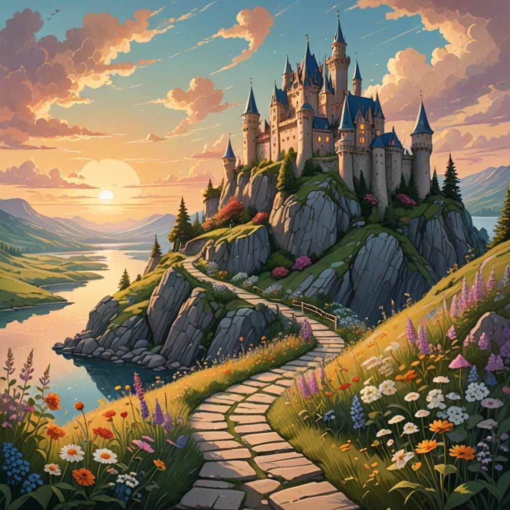 Fairytale Castle Illustration at Sunset