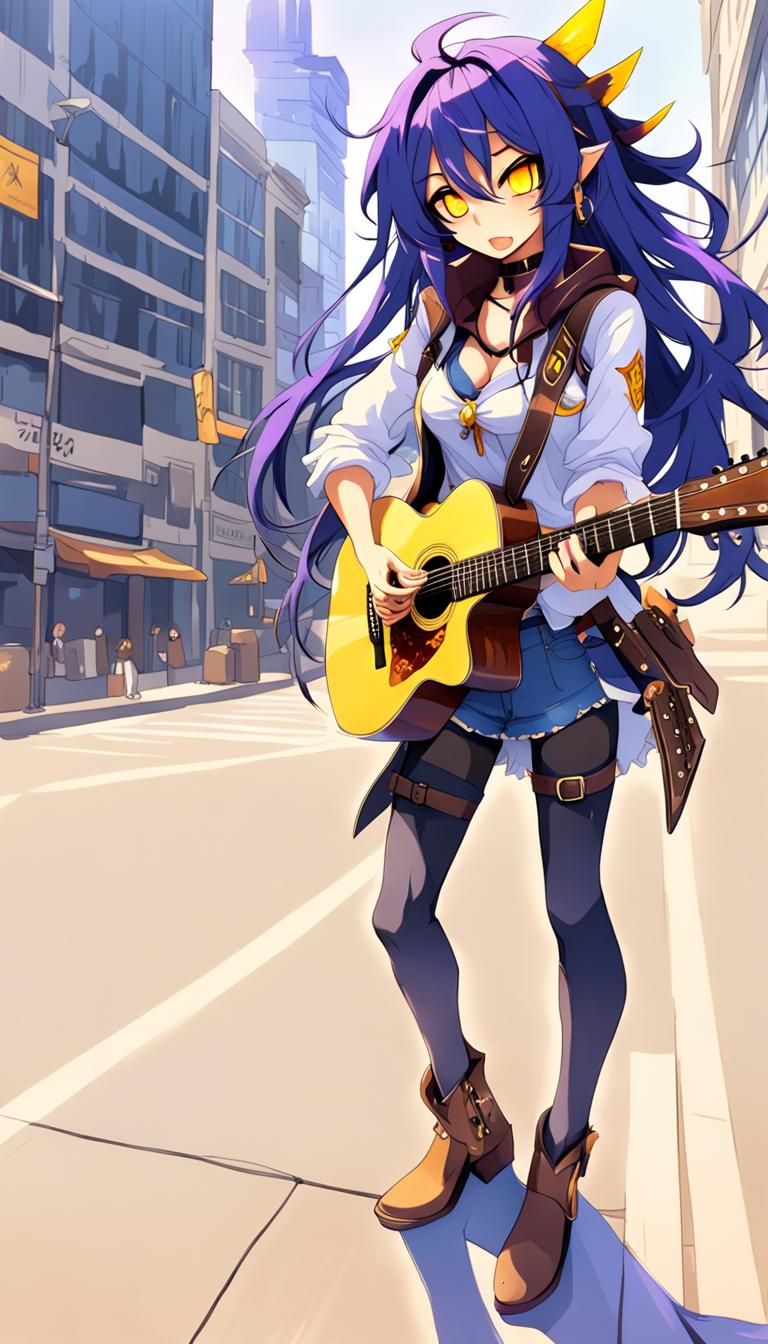 Anime Cowgirl Plays Guitar in the City
