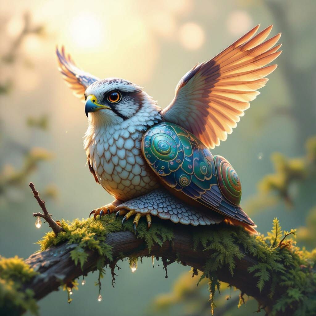 Half Hawk Half Snail Creature on Mossy Branch at Dawn