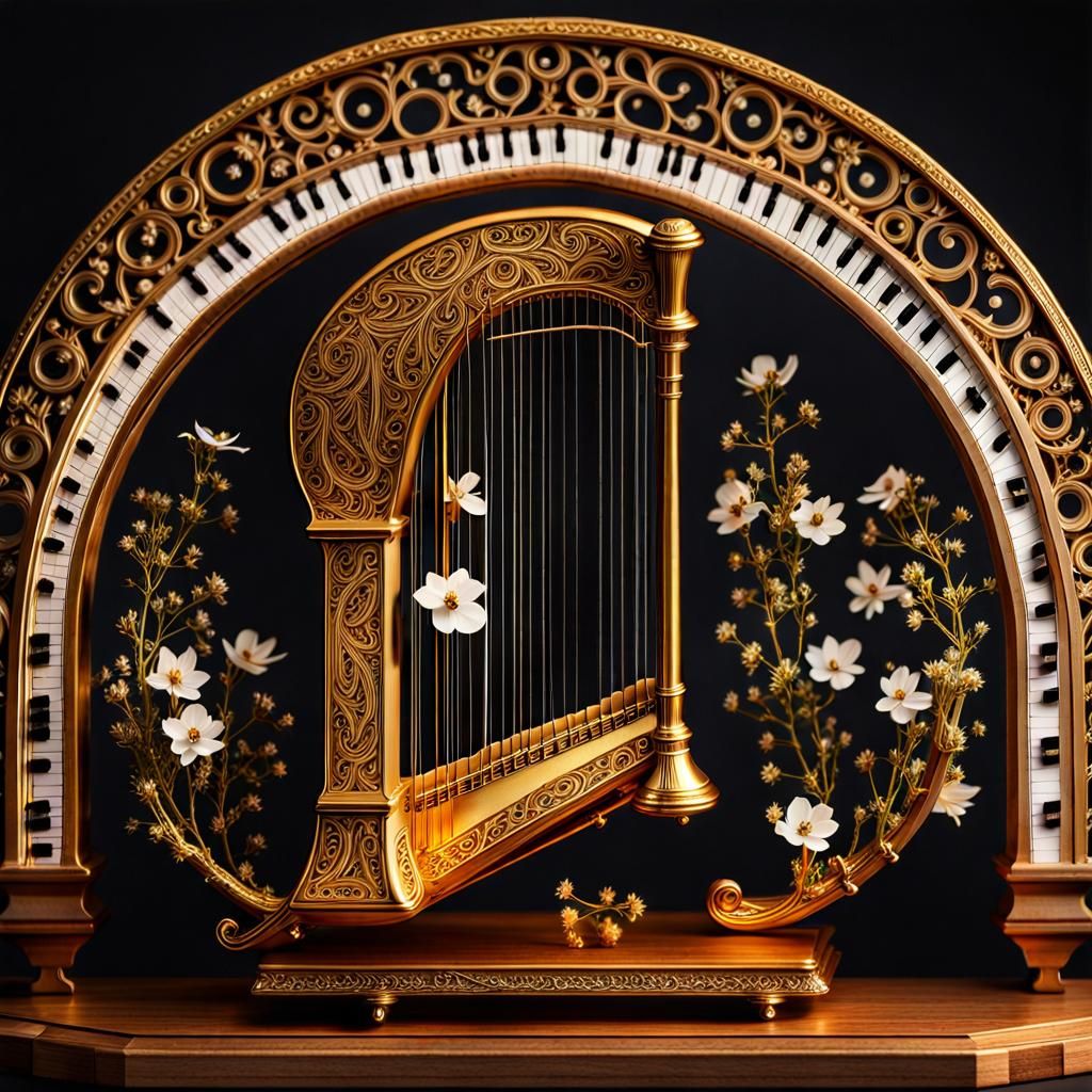 Detailed Miniature Harp Scene with Cosmos