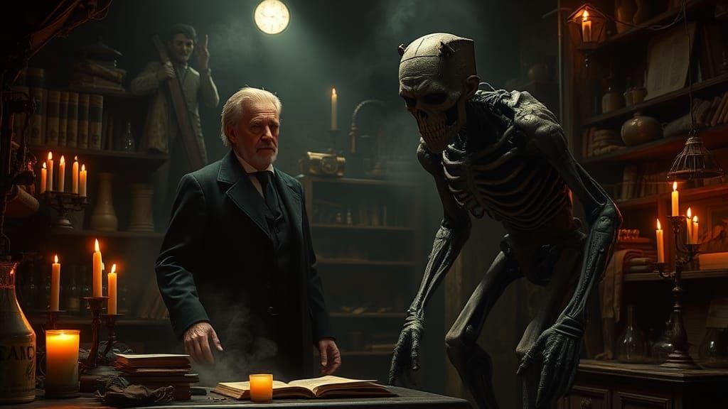 Gothic Scientist and Frankenstein Monster in Laboratory