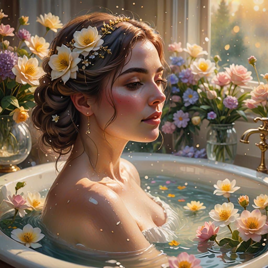 Dreamy Watercolour of a Woman in a Whimsical Bathtub Scene
