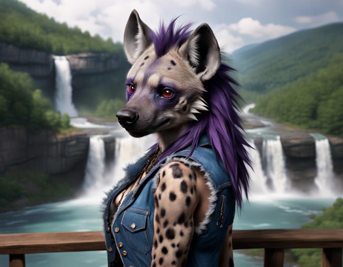 Hyena Overlooking Appalachian Waterfalls in Frazetta Style