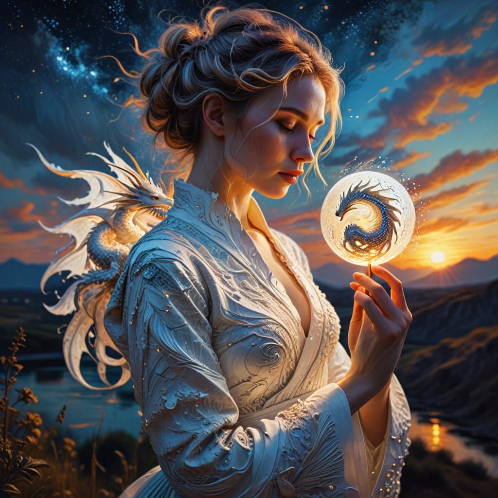 Impasto Fantasy Goddess Cradles Tiny Sparkling Dragon at Sun...