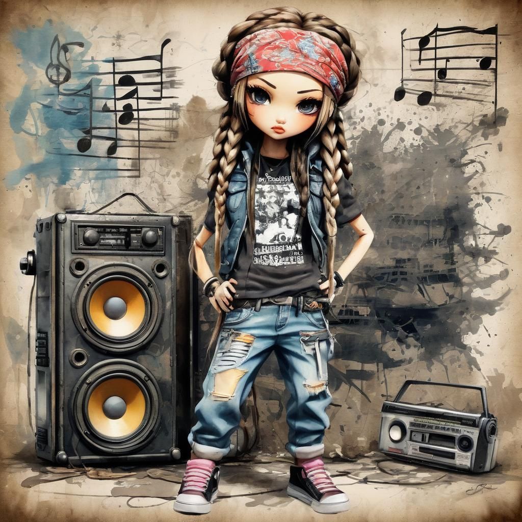 Chibi Hip Hop Girl with Boombox in Watercolor