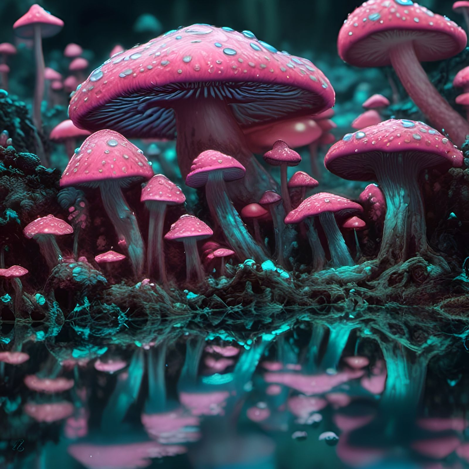 Luminous Pink and Teal Mushrooms in Cyberpunk Forest
