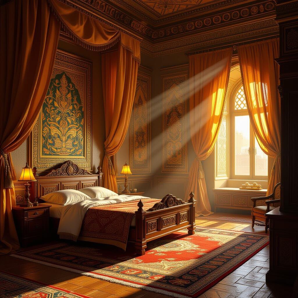 Ancient Assyrian Palace King's Bedroom in Golden Light