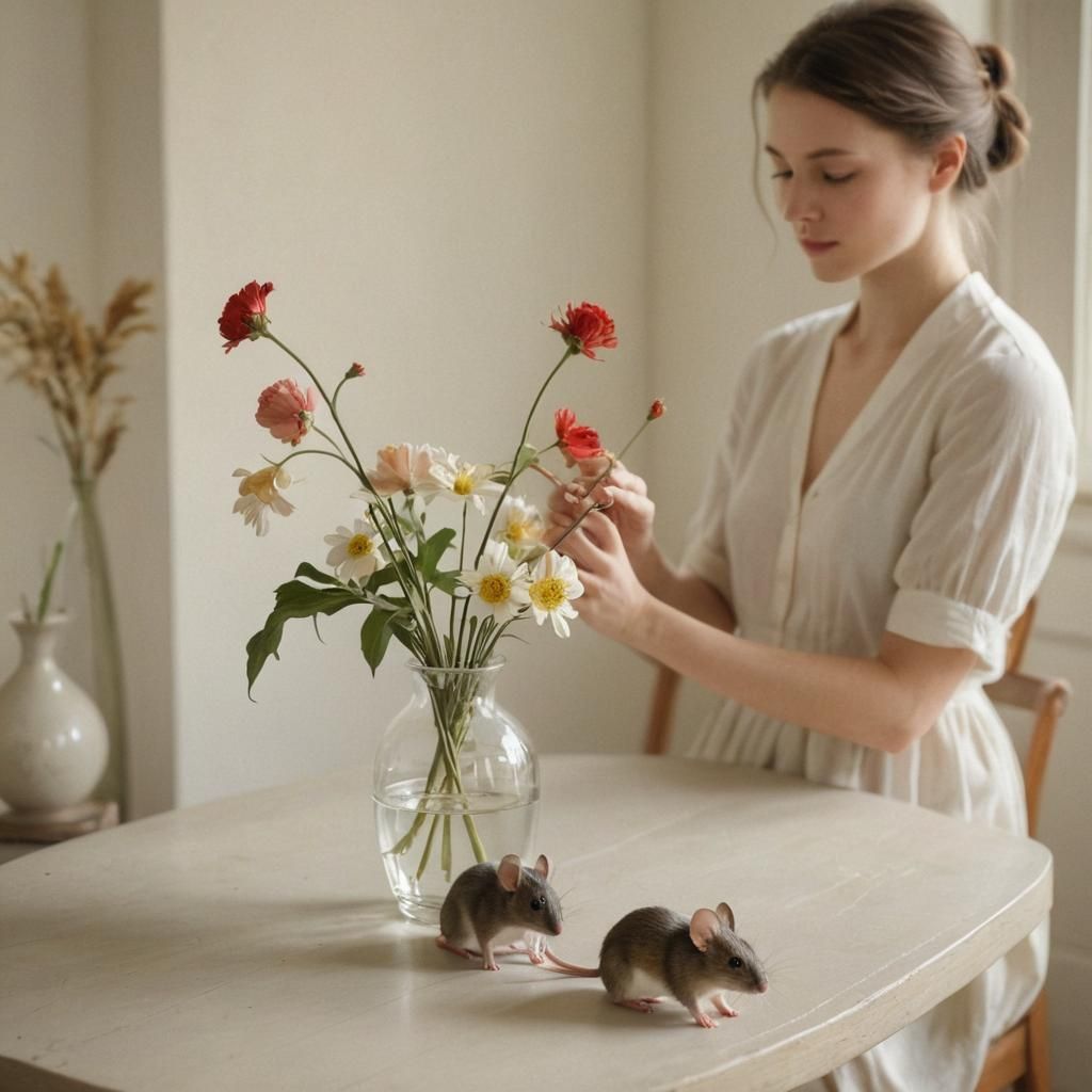Serene Woman with Mouse: Still Life in Warm Light