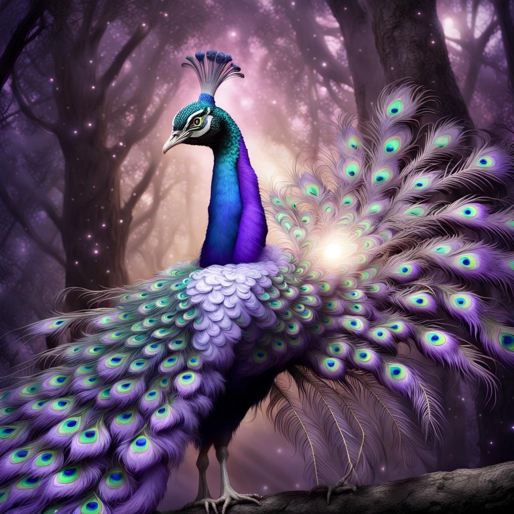 Whimsical Purple Peacock in Ethereal Jungle