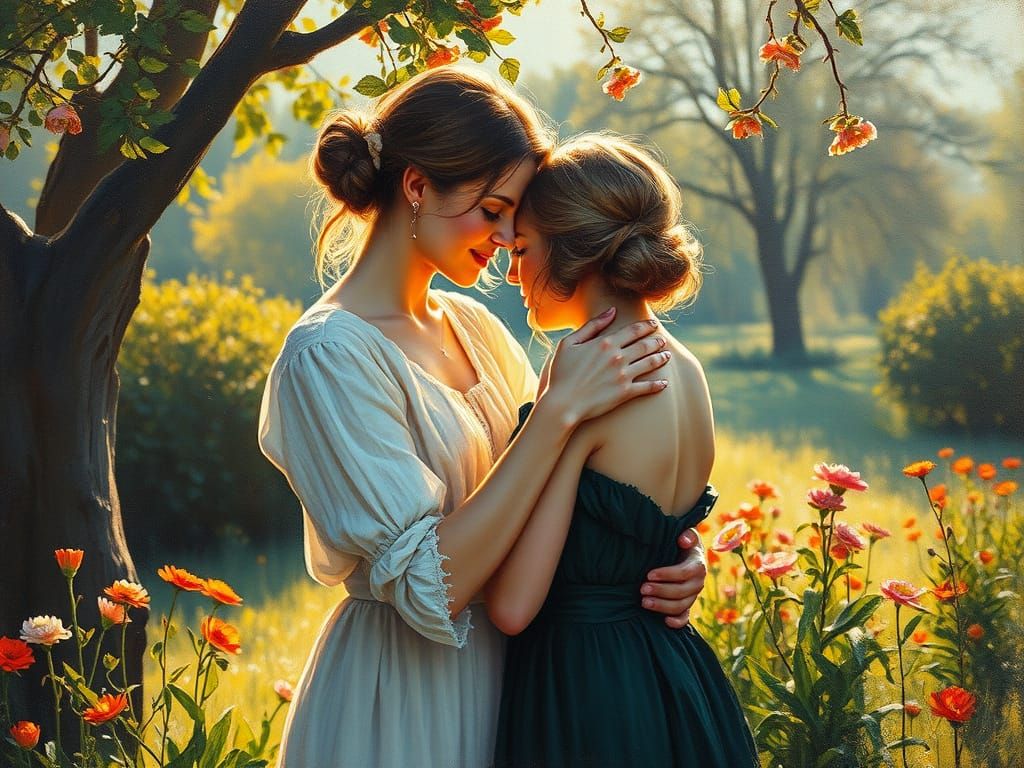 Two Women in an Impressionist Garden Scene