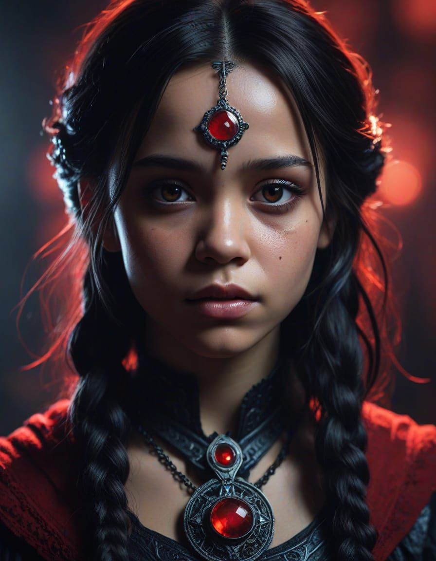 Raven Superheroine with Red Gemstone, Dark Fantasy Art