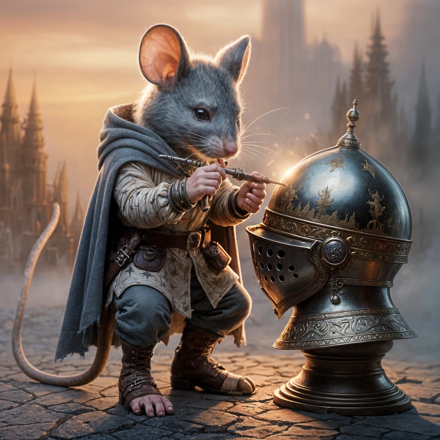 Mouse Artist Painting Knight's Helmet in Digital Art