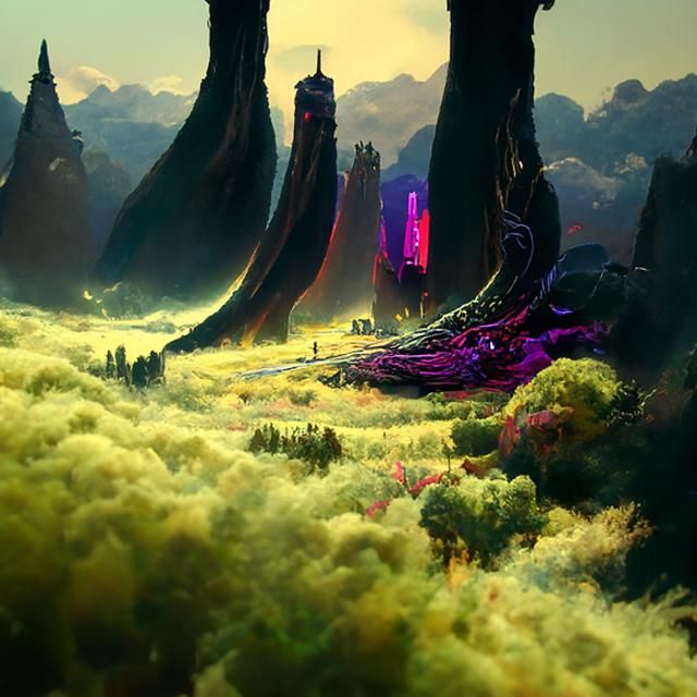 Surreal Sci-Fi Landscape Painting in Kinetic Pointillism Sty...