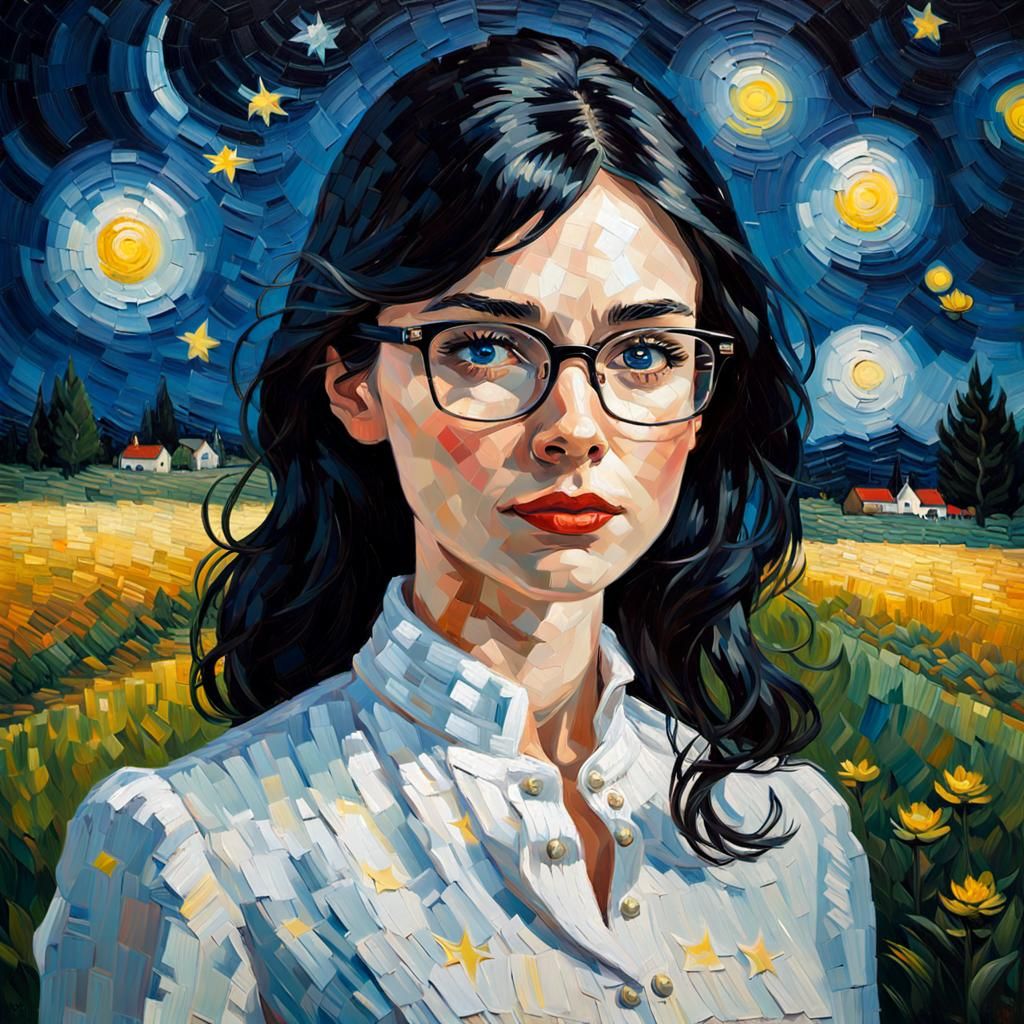 Post-Impressionistic Portrait of Woman with Starry Night