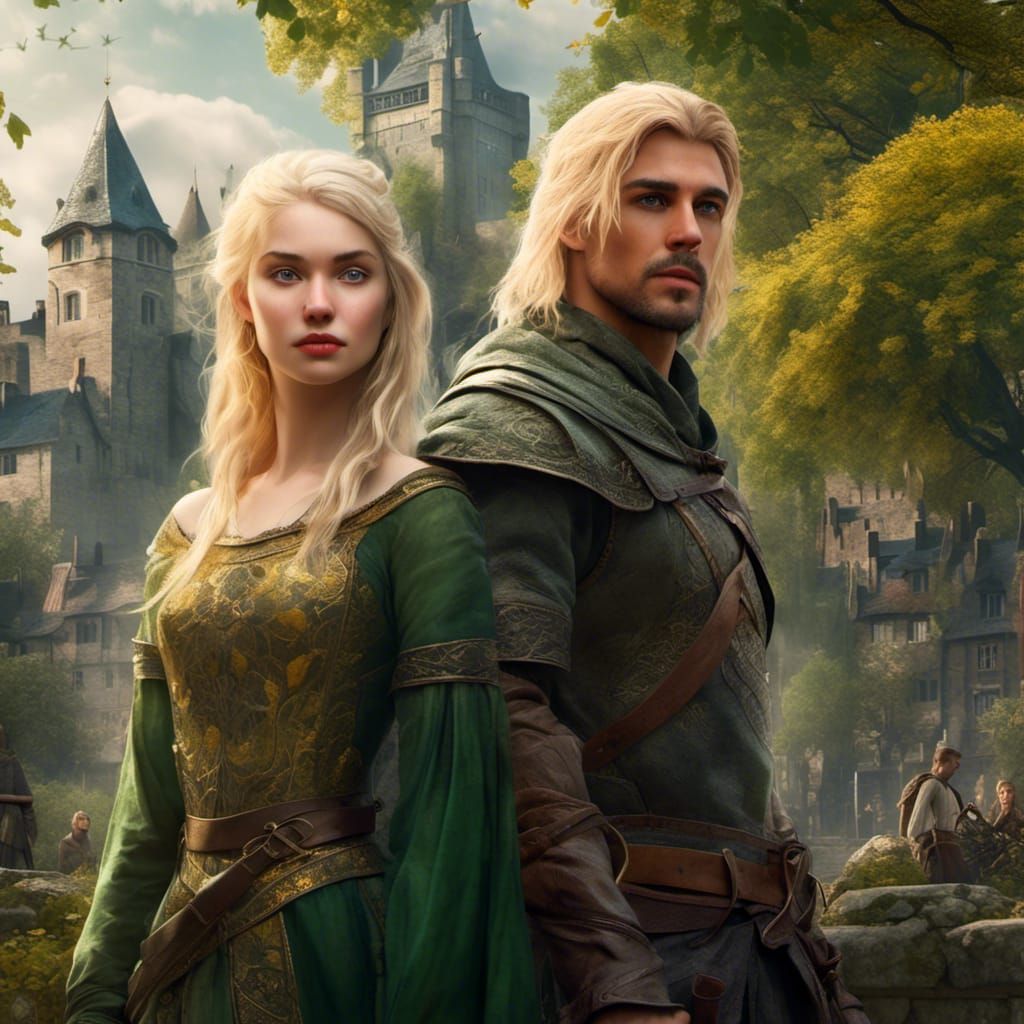 Hyperrealistic Archer and Woman in Medieval City