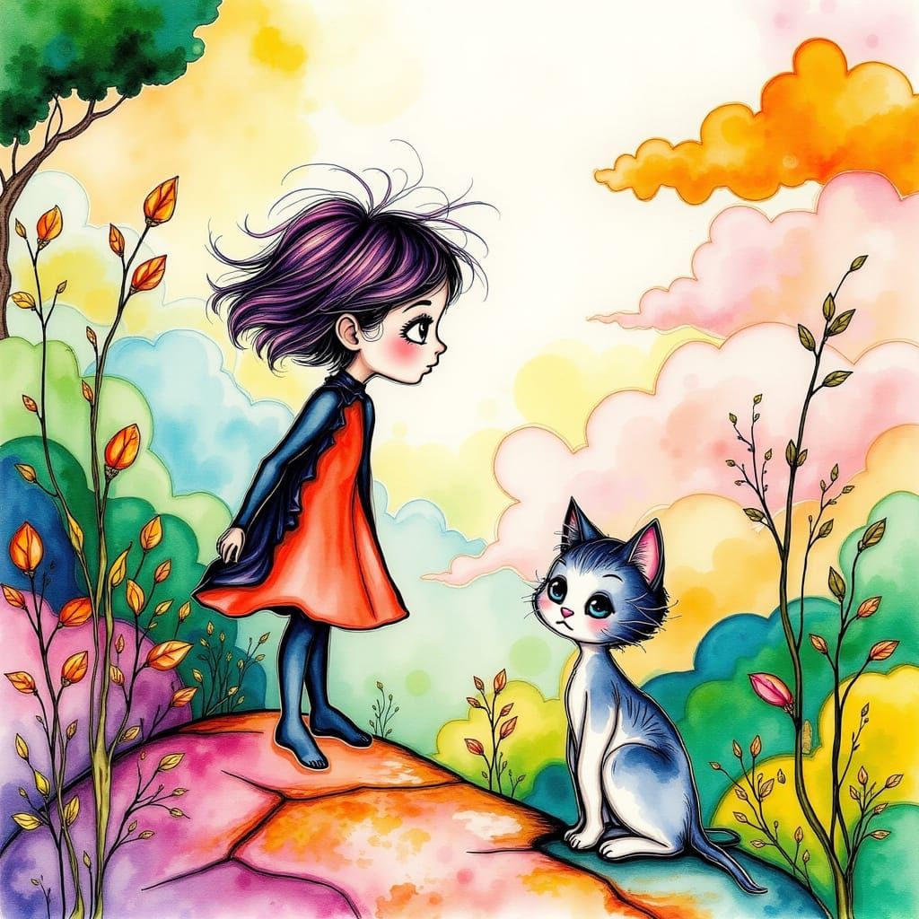 Cats Playing in a Sunny Backyard, Alcohol Ink Style