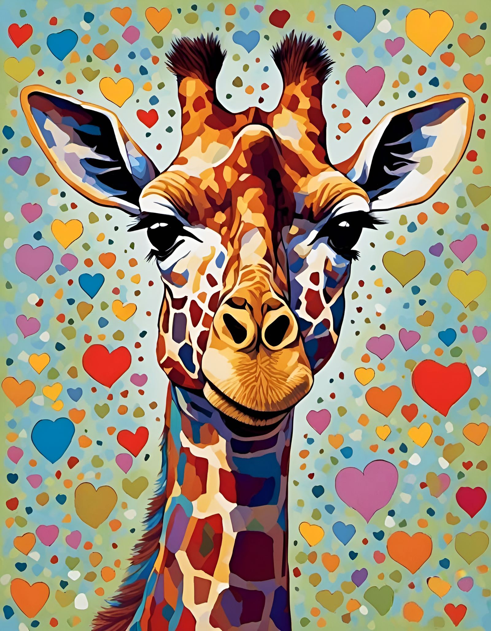 Giraffe Portrait with Hearts in Pop Art Style