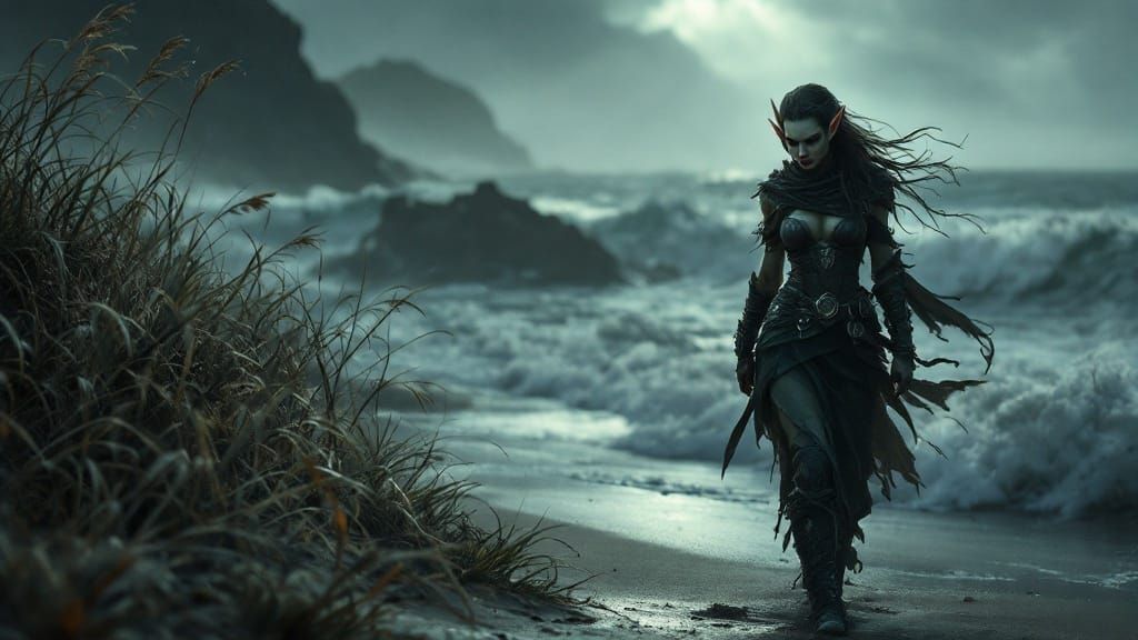 Goblin Warrior Walks the Windswept Beach in Cinematic Fantas...