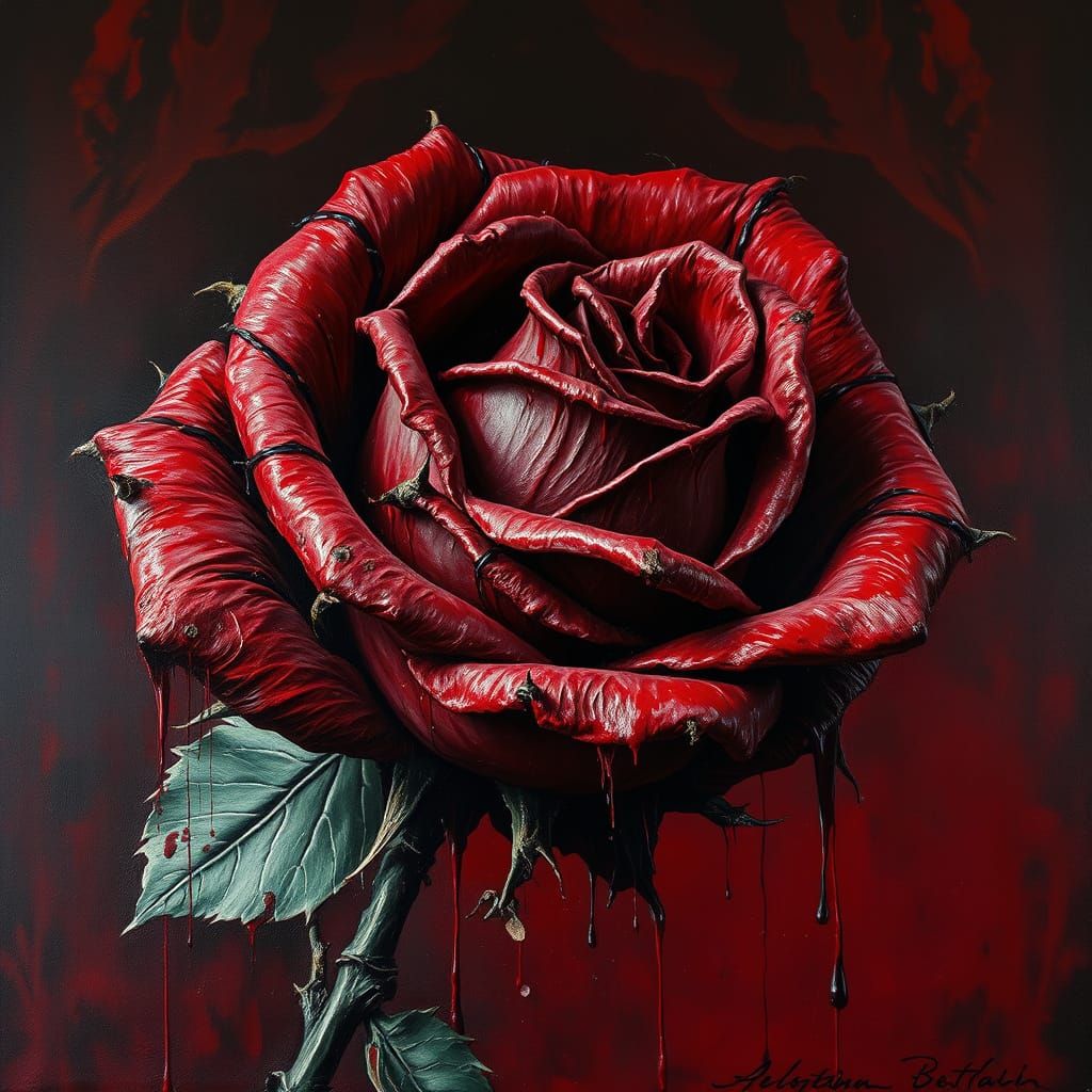 Sinister Rose Sculpture with Dripping Blood Tones