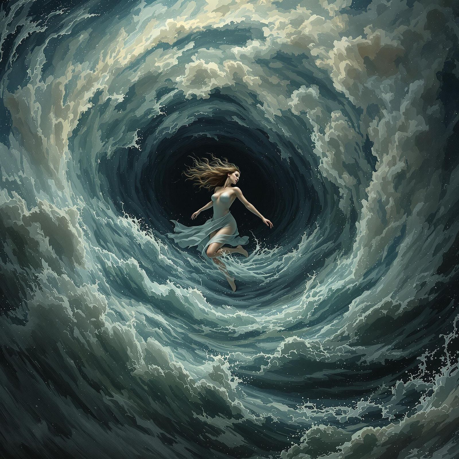 Woman in Swirling Vortex of Chaos