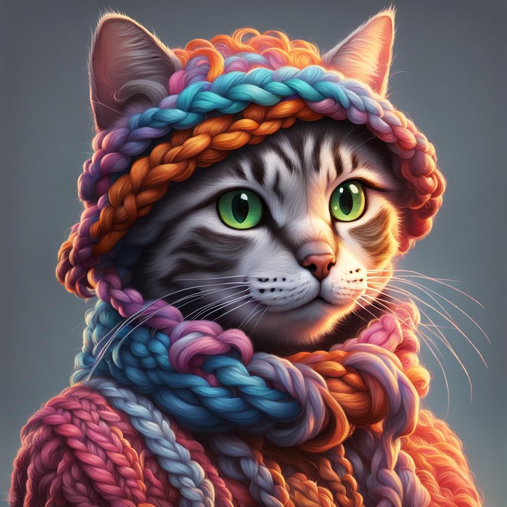 Hyperdetailed Portrait of Knitting Cat in Digital Art