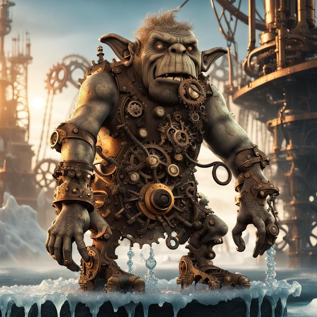Steampunk Troll on Melting Iceberg with Gears